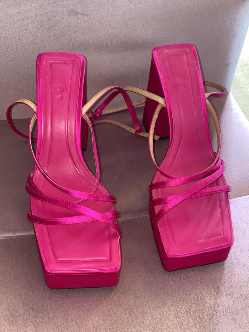 Zara Hot Pink Strappy Block Heel Sandals